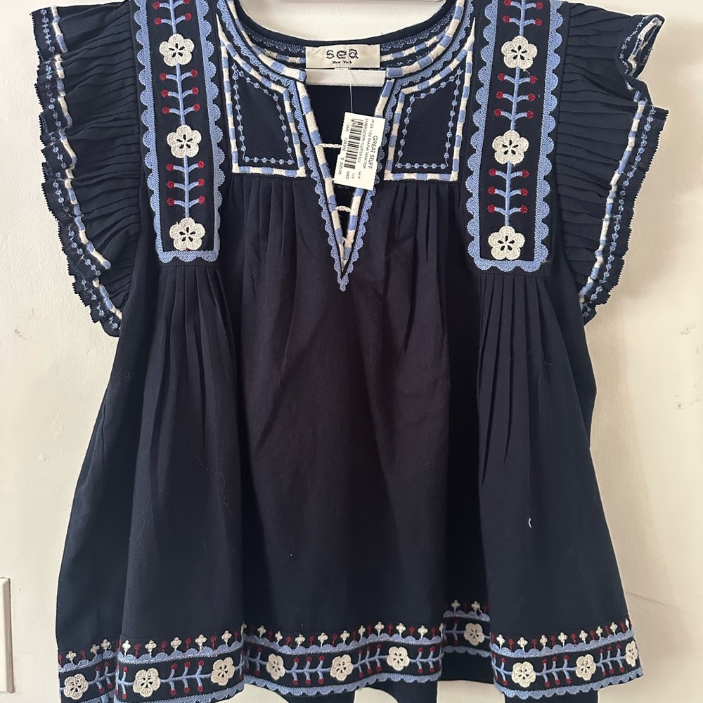 NWT Sea New York “Shaina” Embroidered Navy & White Ruffled Sleeve Tank Top